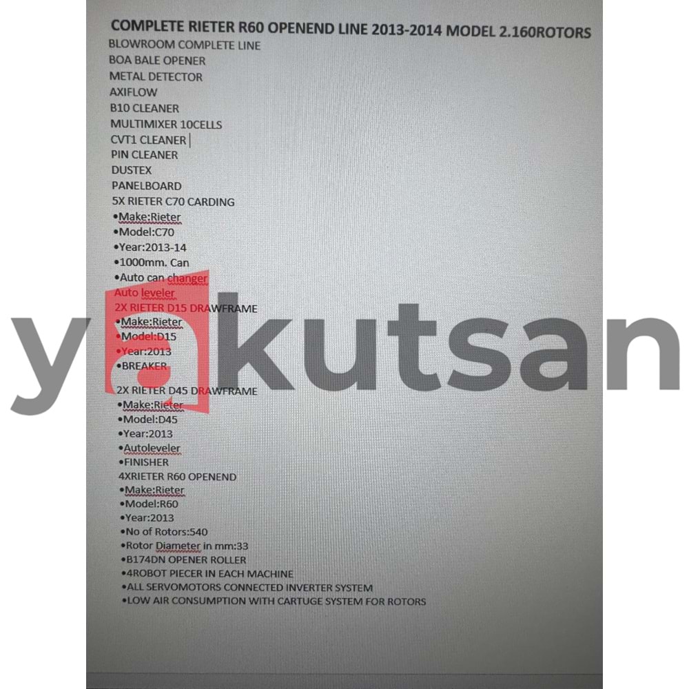 KOMPLE SATLIK RİETER R60 İPLİK TESİSİS-COMPLETE RİETER R60 SPİNİNG PLANT FOR SALE